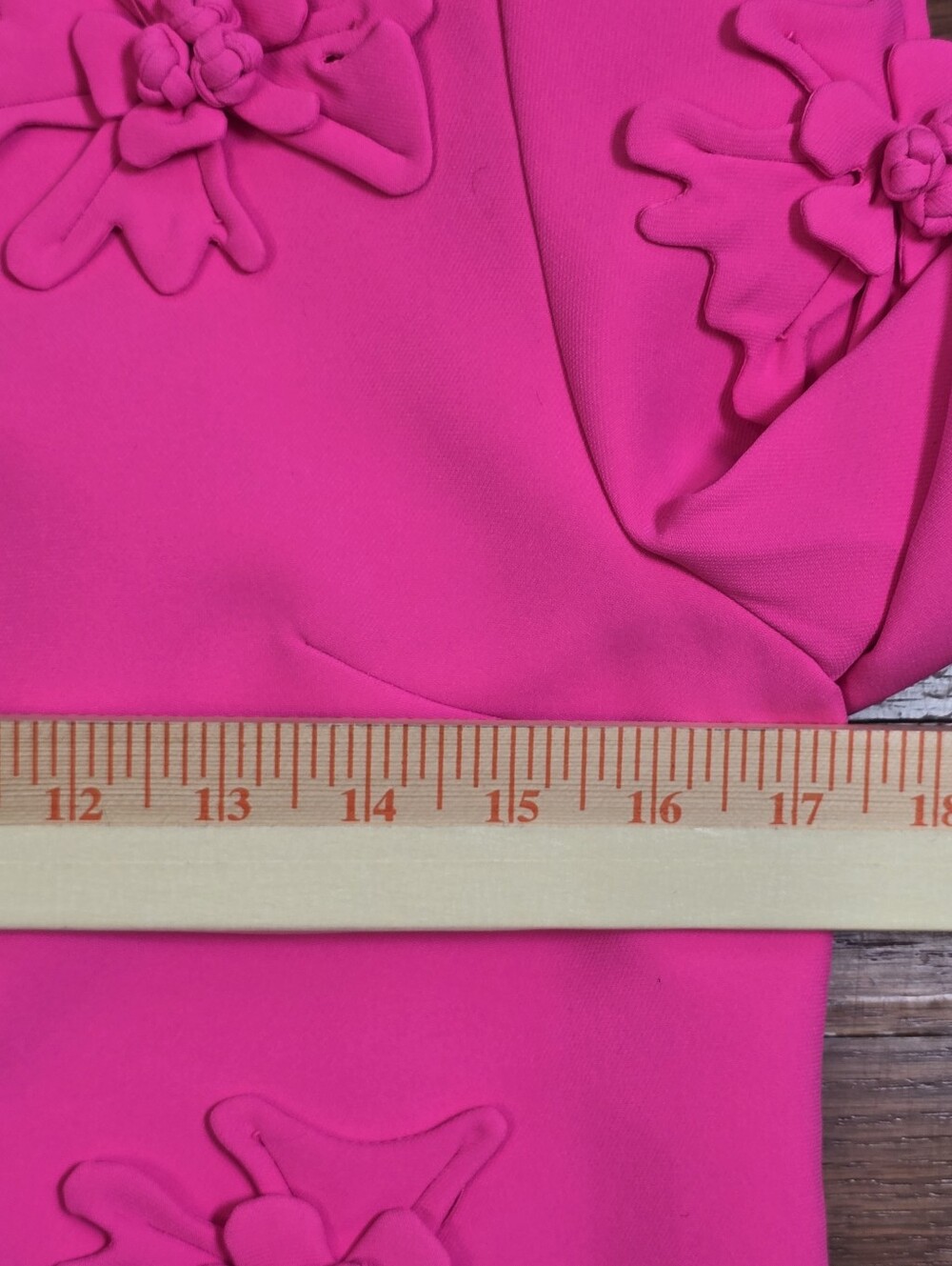 Hot Pink 3D Floral Applique Turtleneck A-line Shift Dress Bell Sleeves Sz.S - Picture 13 of 16